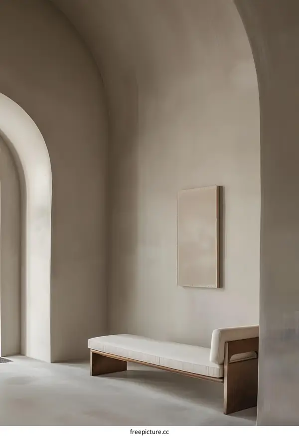 Minimalist Interior Design With Arched Walls And A Wooden Bench