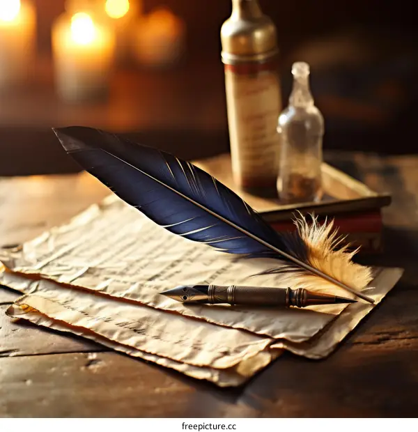A blue feather quill rests on a stack of old papers with a golden bottle and two candles in the background