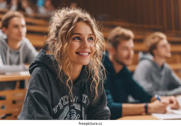 Smiling Student in a Lecture Hall