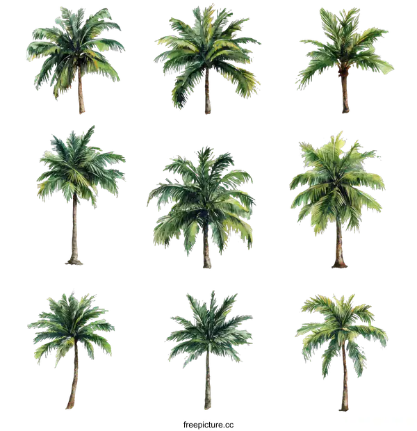 [Transparent Background PNG]Collection of Watercolor Palm Trees