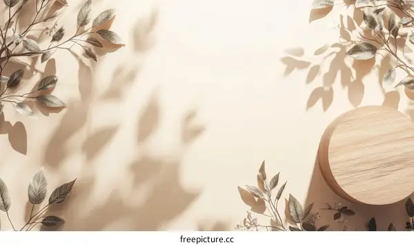 Beige Background with Wooden Display Stand and Plant Shadows