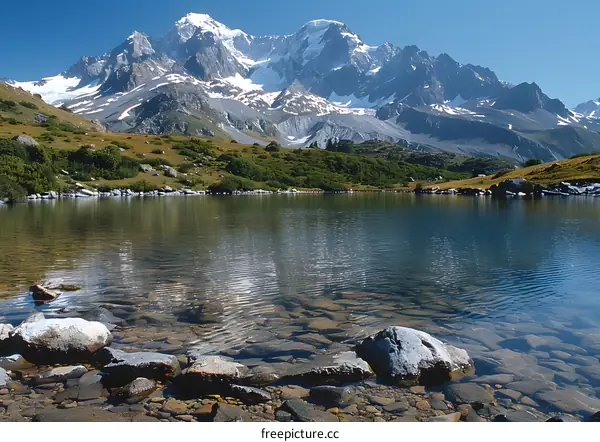 mountain lake landscape with rocks in water and snow capped mountains in distance