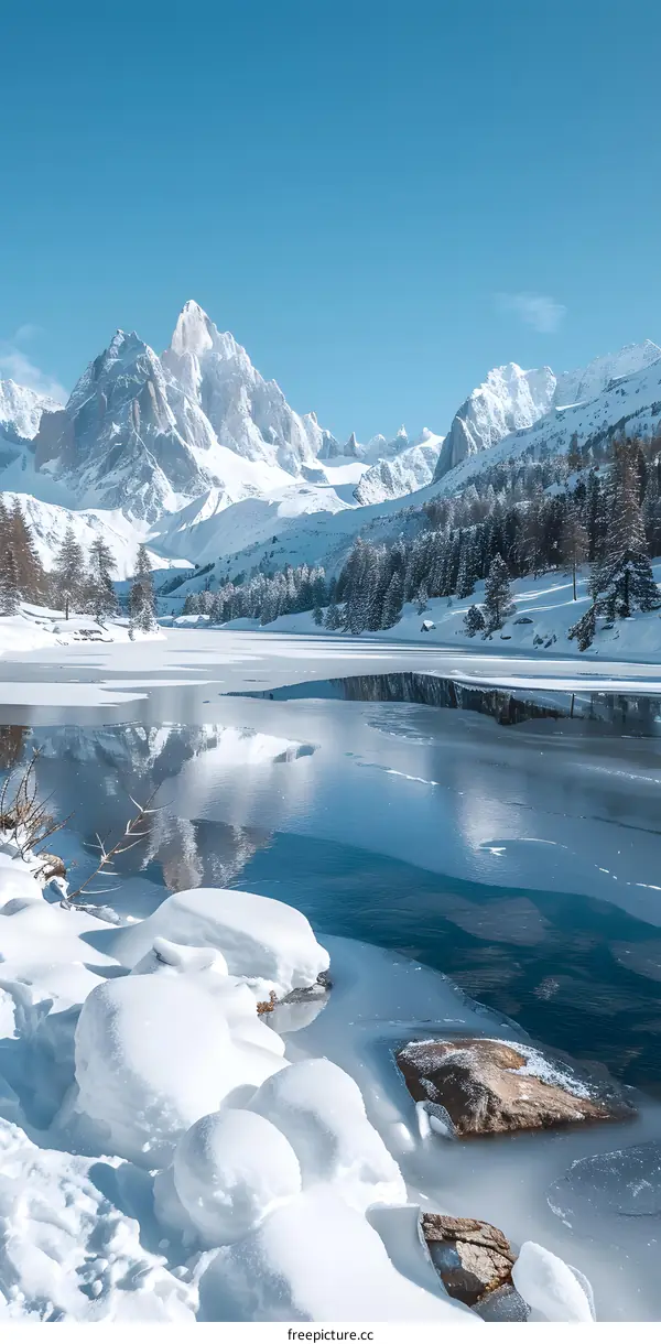 Frozen Lake with Snow Covered Mountains