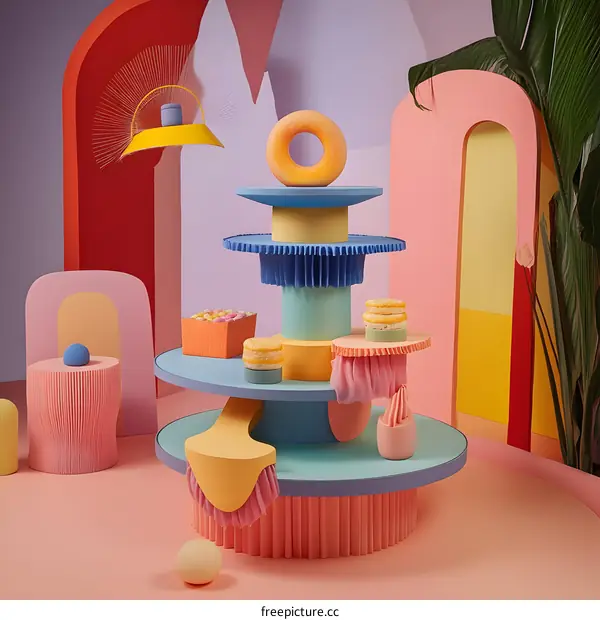 Abstract Colorful Paper Background with Donut and Cakes