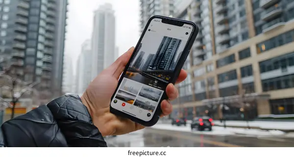 Person Holding a Phone Showing Urban Skyline Photography