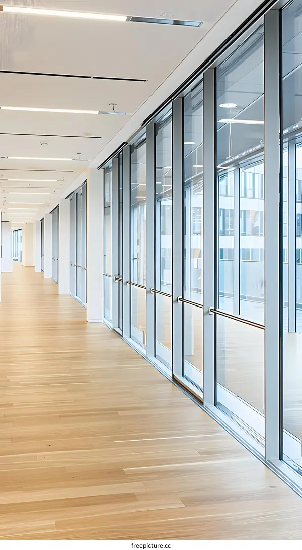 Modern Office Hallway with Glass Walls and Wooden Floor