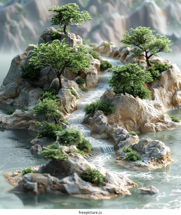Miniature Landscape of Trees, Rocks and a Stream