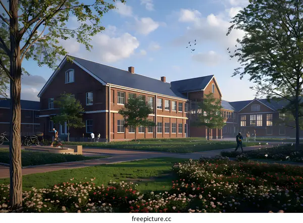 Brick Building With Green Lawn and People Walking Around