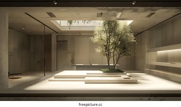 Modern Minimalist Concrete Interior Design with Skylight and Tree
