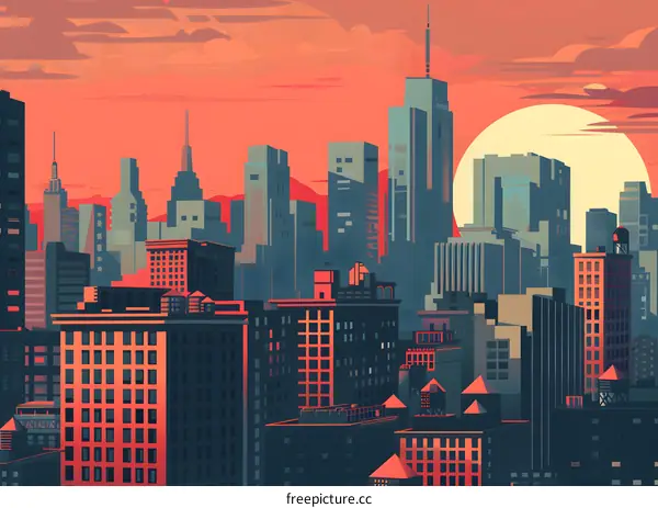 Sunset View of Modern Cityscape With Tall Buildings