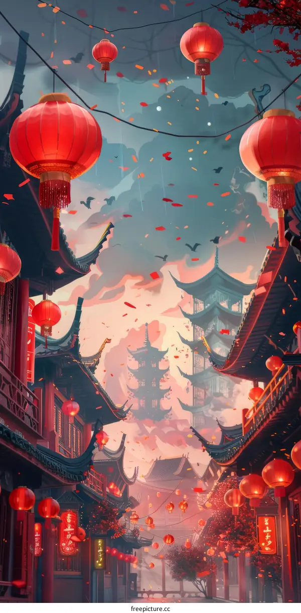 A bustling ancient Chinese street with red lanterns and falling petals