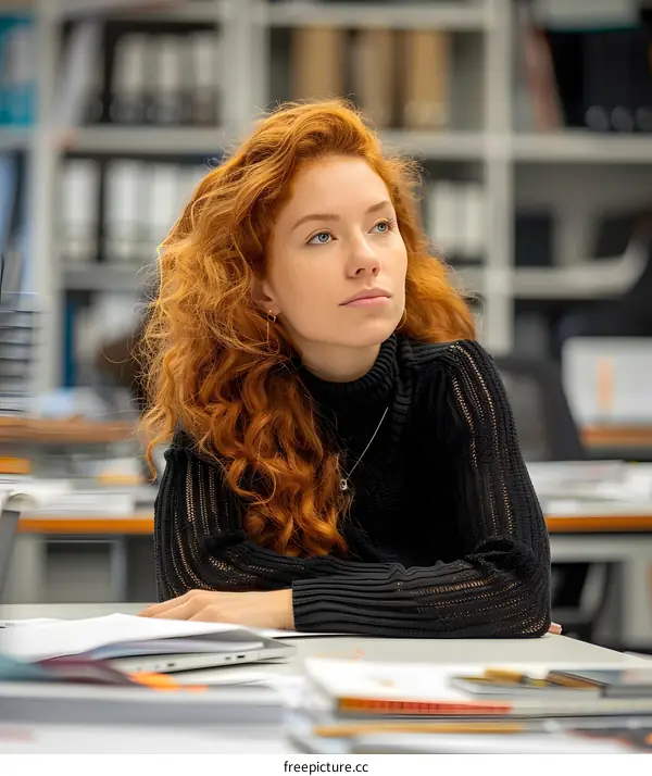 redhead woman in black turtleneck sweater sitting at desk looking away