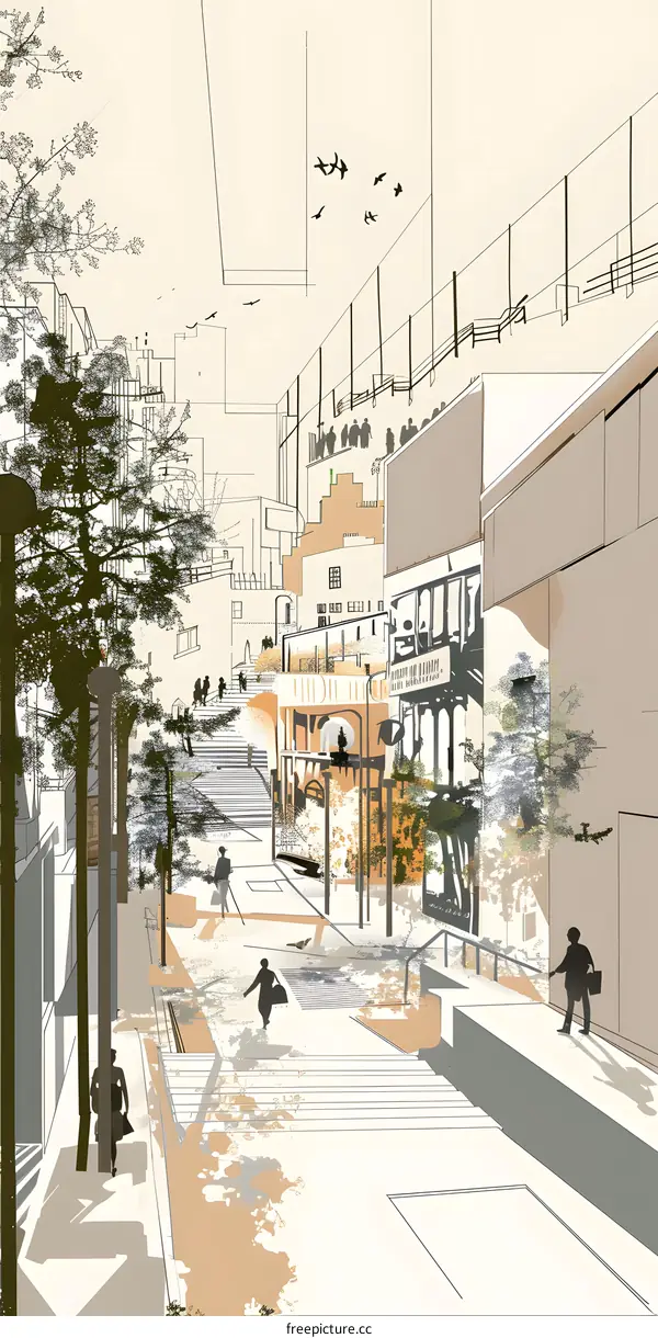 Cityscape Illustration with Silhouettes of People Walking