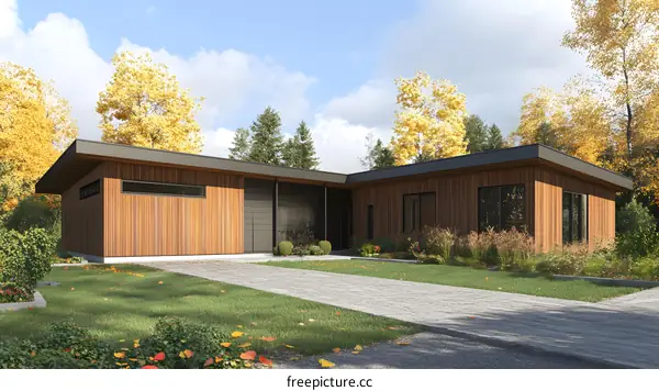 Modern Wooden House with a Flat Roof and a Driveway