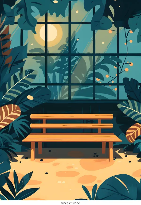 Wooden Bench in Tropical Garden