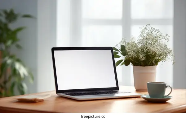 Modern Workspace with Laptop and Flowers