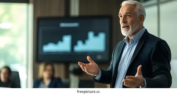 Senior Businessman Giving Presentation in Office with Chart on Screen