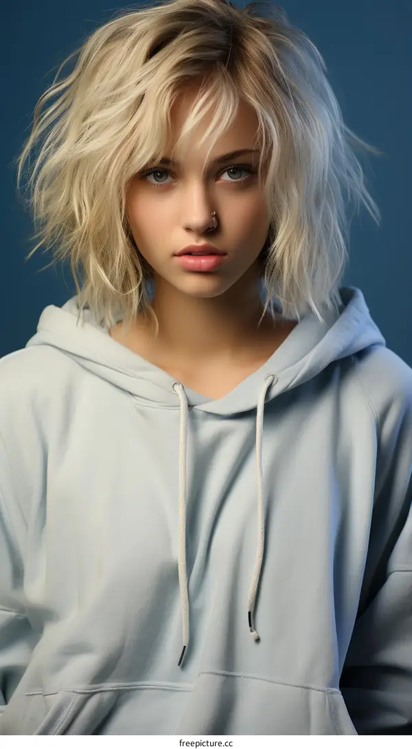Portrait of a young woman with short blonde hair and blue eyes wearing a light blue hoodie