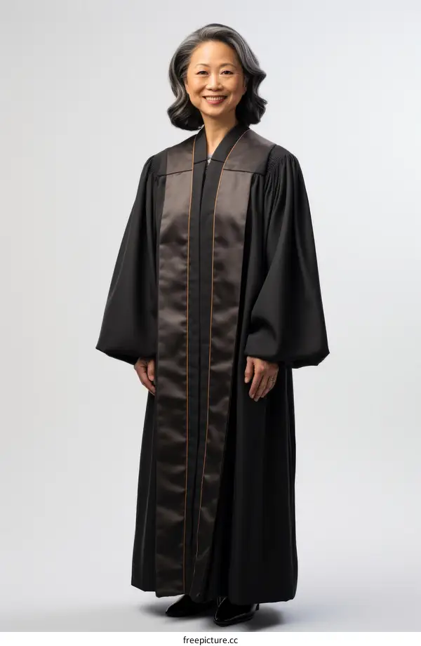 A smiling Asian woman in a black robe with brown sash