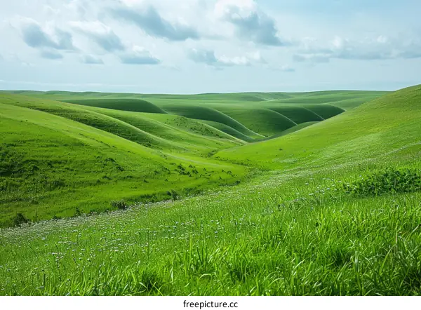 Green rolling hills under blue sky with white clouds