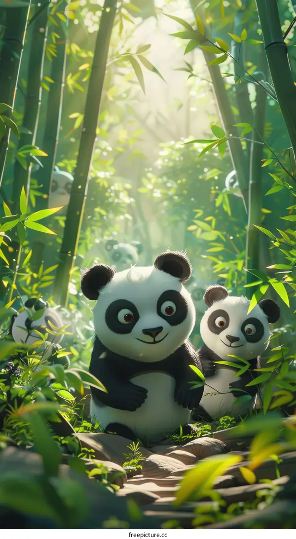 A cute cartoon panda family in a bamboo forest