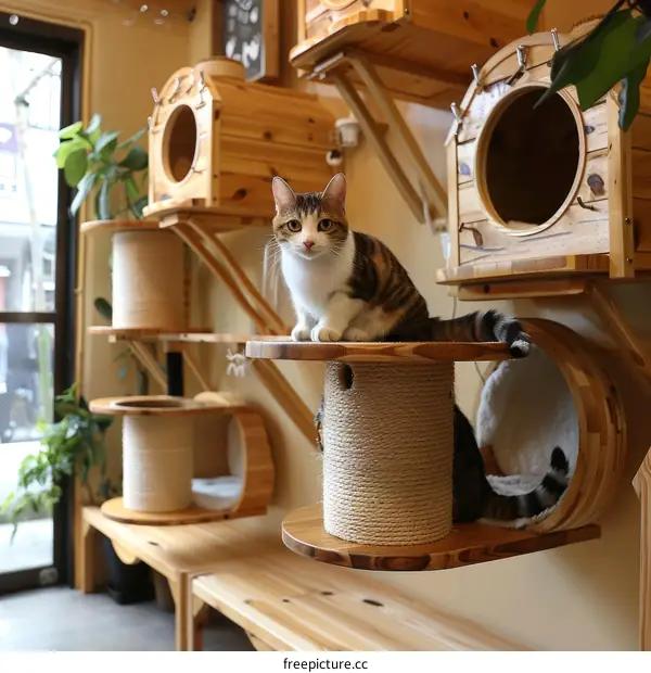 A Cat on a Wooden Cat Tree