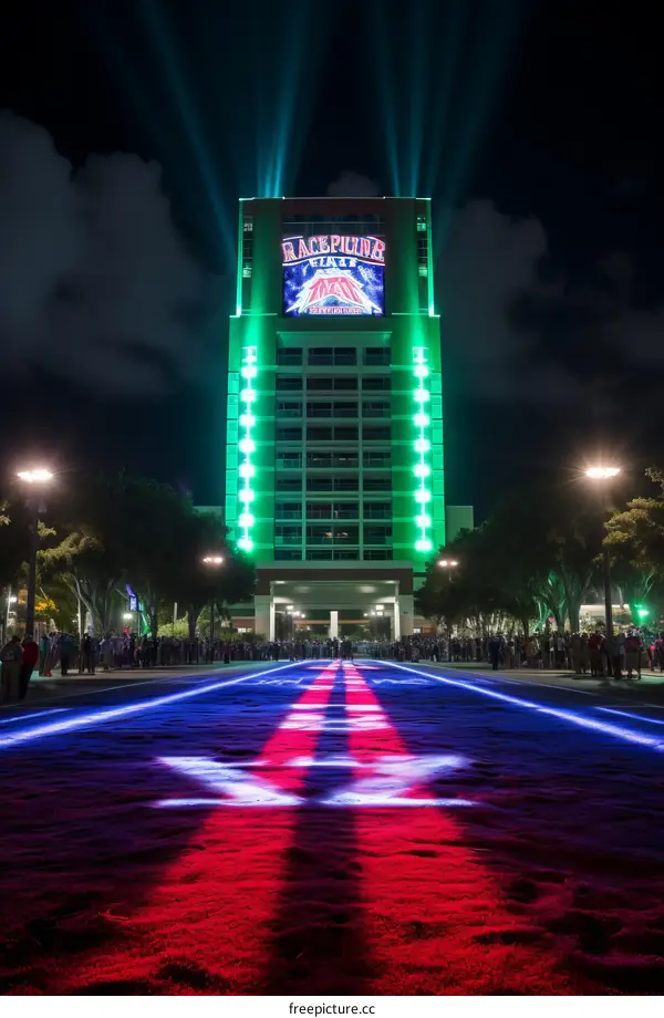 Green and red lights illuminate a city street at night with a building in the distance