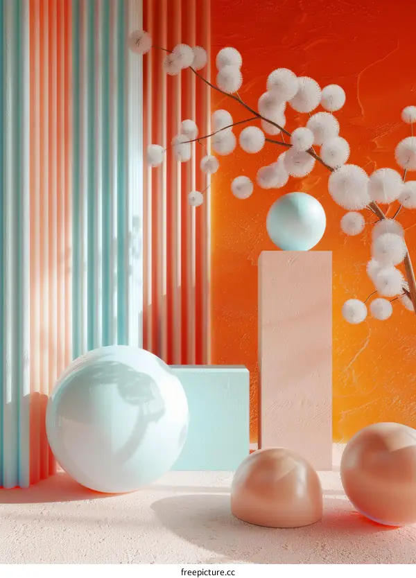 3D rendering of a surreal scene with pastel colors and geometric shapes