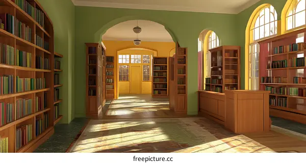 Vintage Library With Bookshelves and Sunlight Streaming Through Windows