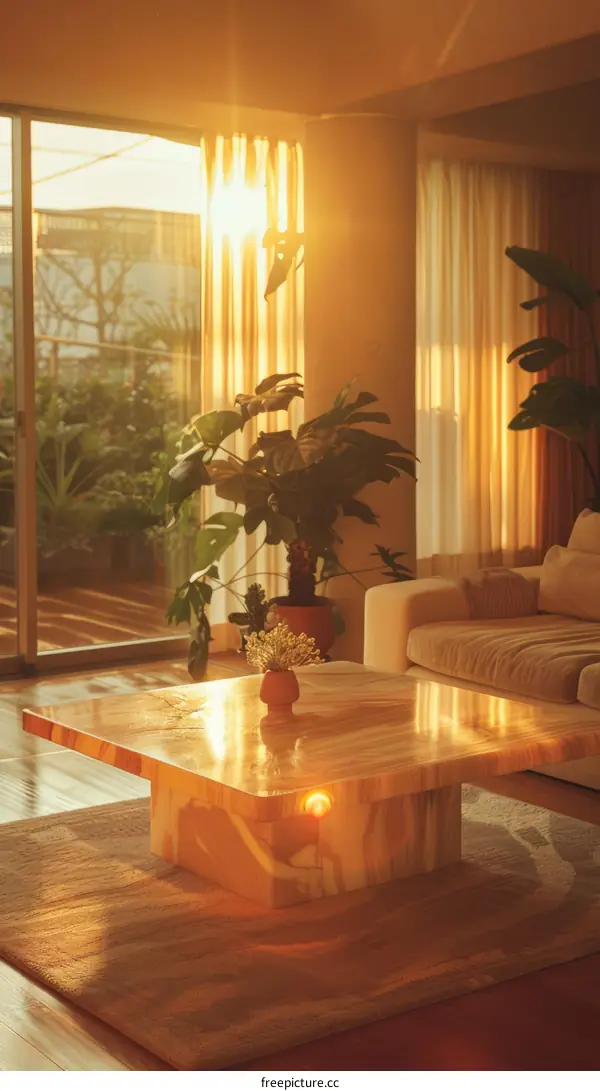 Bright living room interior with large windows and plants