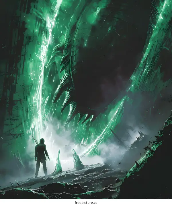 Man with Sword Standing Before Green Portal