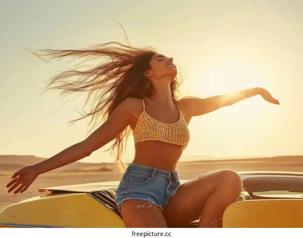Woman Relaxing in Convertible Car at Sunset
