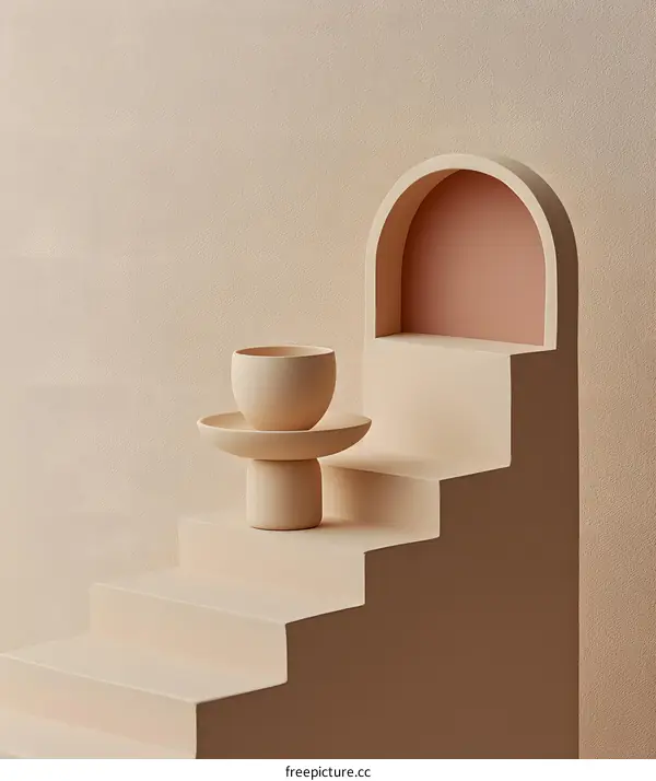 Beige Minimalist Abstract Arch With  Platform and Cup
