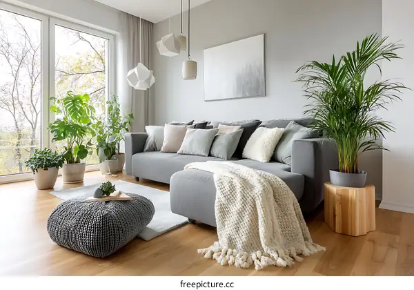 Modern Living Room with Greenery and Cozy Decor