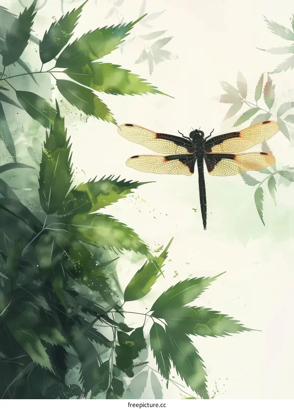 Dragonfly Hovering Near Green Leaves
