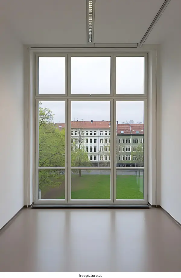 Large Window View of Cityscape with Green Grass