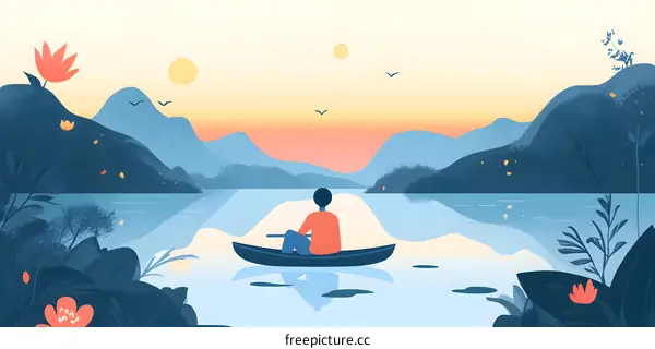Man Rowing Boat in Peaceful Lake Landscape at Sunset