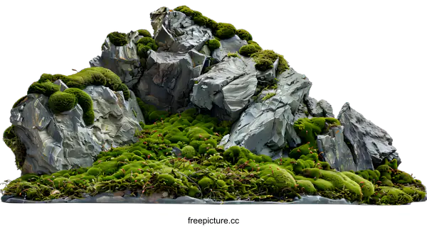 [Transparent Background PNG]Green Moss and Rocks Isolated on White Background