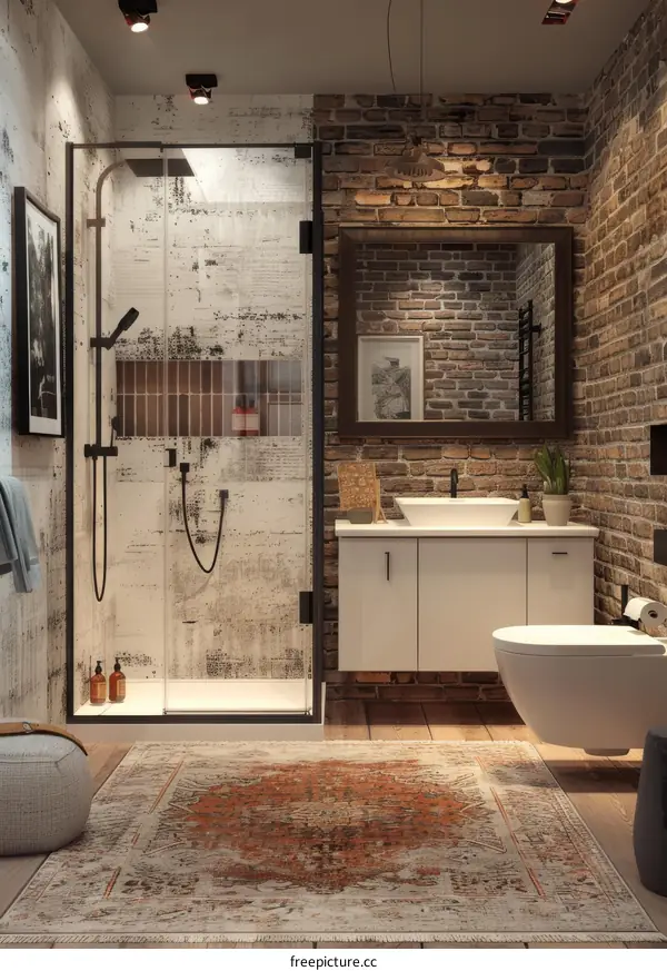 Industrial Style Bathroom with Vintage Rug