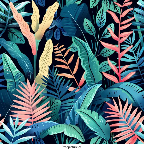 Tropical Seamless Pattern With Colorful Leaves On Black Background