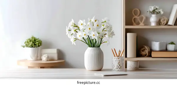 White Daffodils Bouquet on a Desk