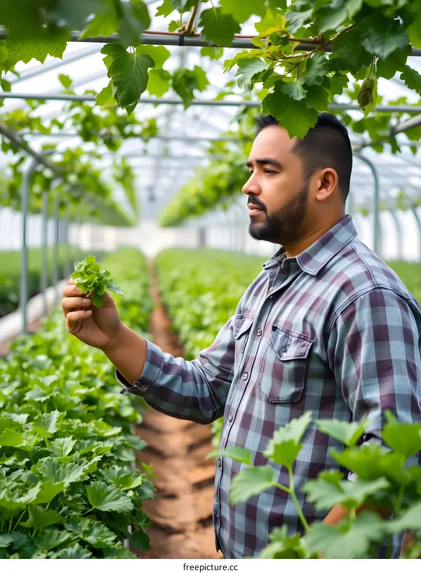 Man Examining Green Plants in a Greenhouse