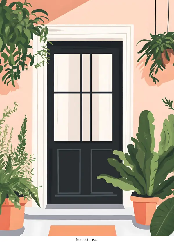 Black Front Door with Plants Illustration