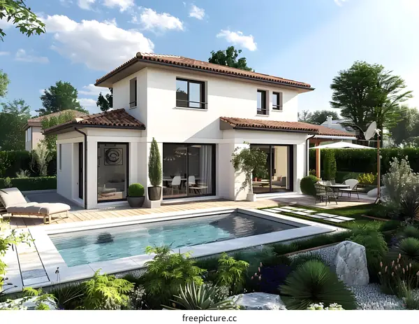 A modern house with a swimming pool and a garden