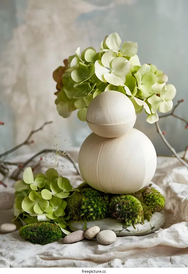 White Ceramic Vase with Green Flowers and Moss on a Stone