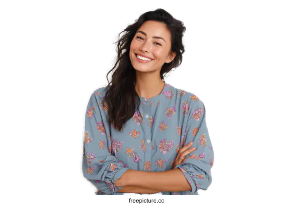 [Transparent Background PNG]Smiling Asian Woman in a Floral Print Shirt