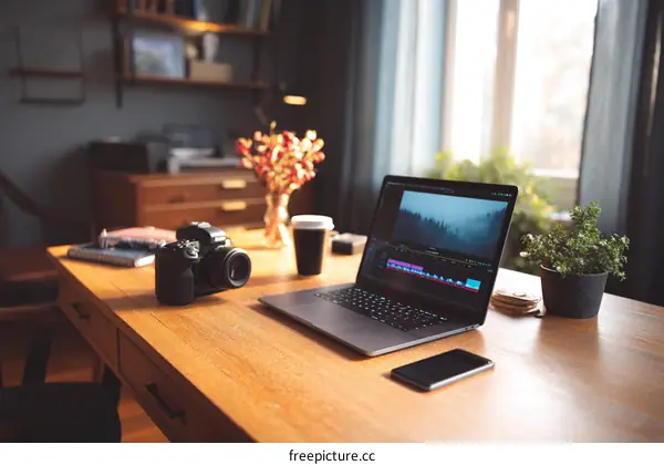 Home Office Workspace with Laptop and Camera