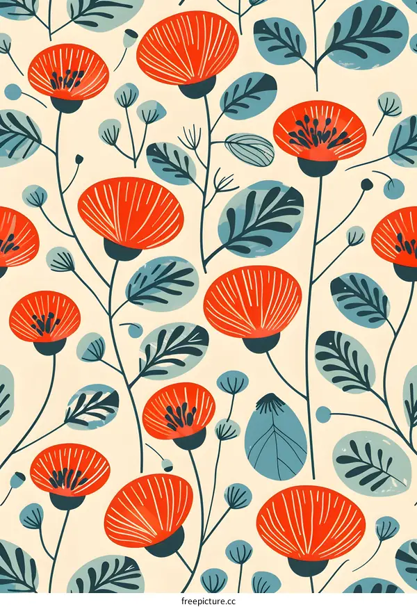 Floral Pattern with Red Flowers and Blue Leaves