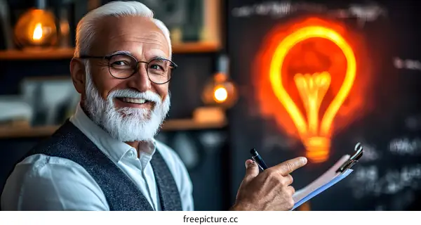 Smiling Senior Man Holding Clipboard With Light Bulb Behind Him