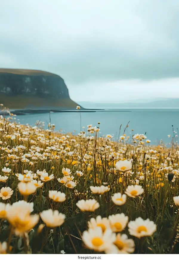 Wildflowers Blooming in a Field with a Mountain and Sea in the Background